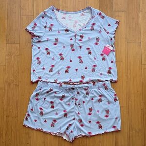 Light Blue Teddy Heart Short PJ Set — Cute Cozy Sleep Top & Shorts